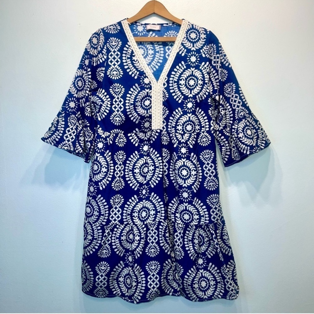 SAIPH Santorini Floral Mini Dress Size S Blue White Cotton Italy Relaxed Coastal - Picture 1 of 10